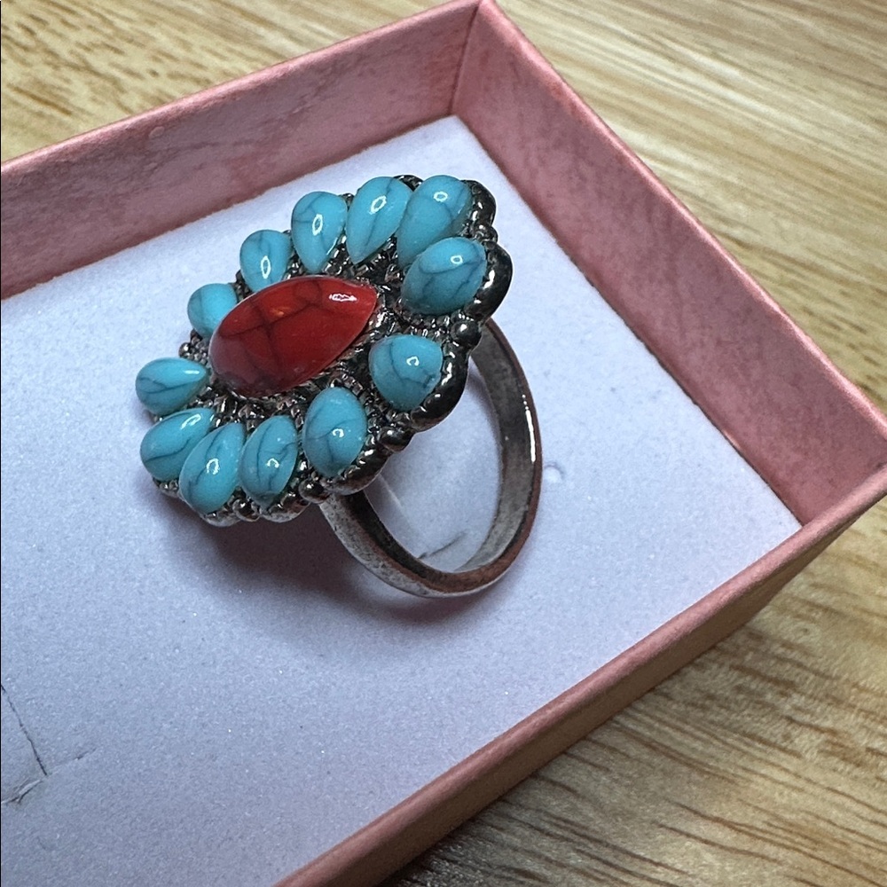 Turquoise and Red Boho Flower Ring - Picture 2 of 4